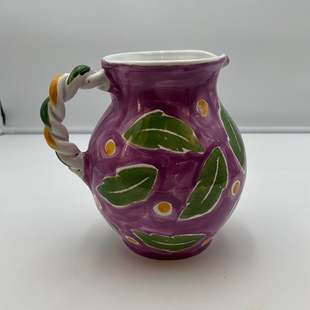 Hand Painted  Pottery Pitcher, Mesa International Purple & Green